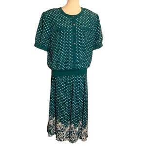 Vintage Andrea Gale green & white polka dot skirt set